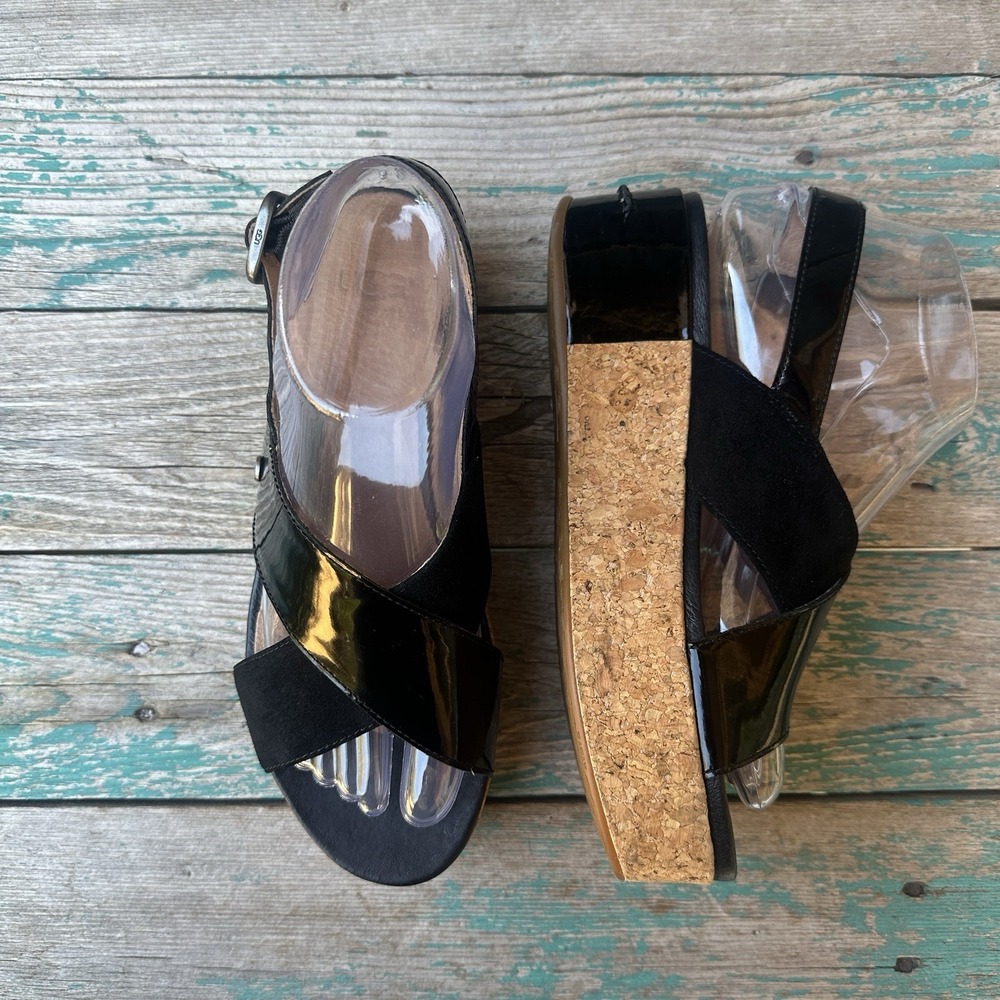 UGG Shoshana Sandals Women's Size 7 US Black Patent Leather Cork Platform Wedge